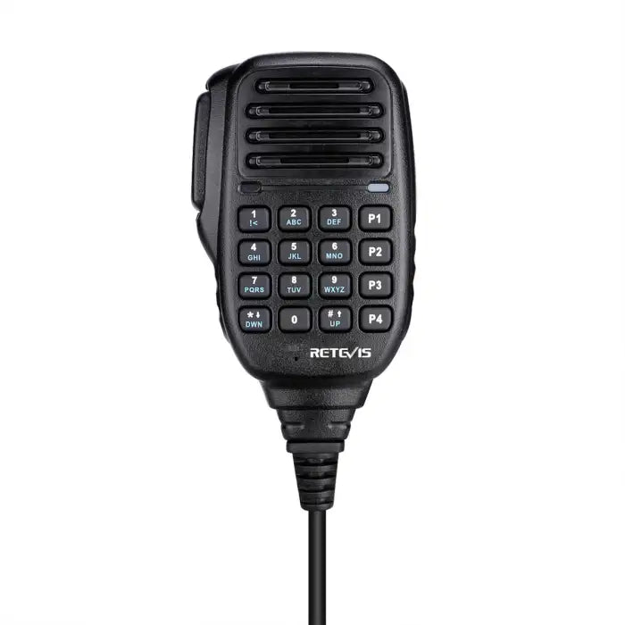 Black handheld microphone with keypad.