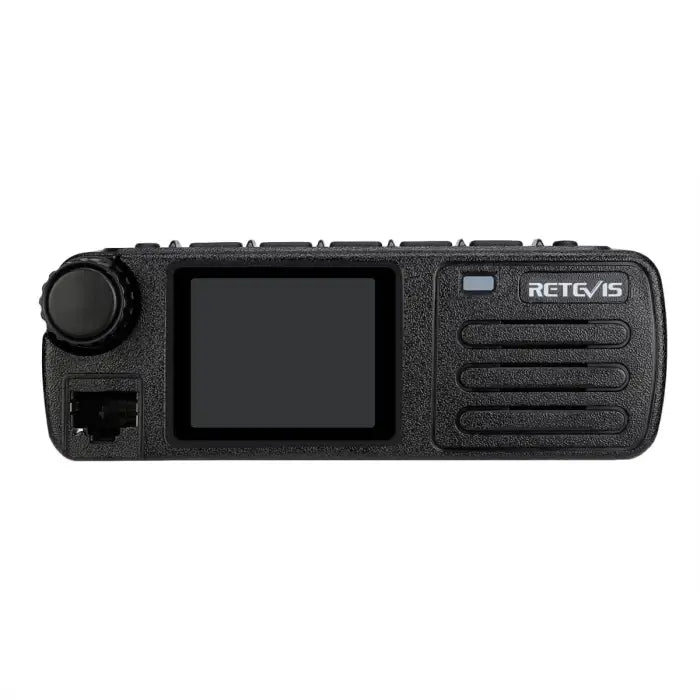 Black handheld two-way radio.