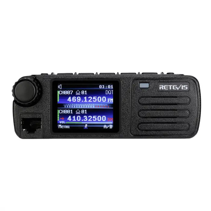 Black handheld two-way radio.