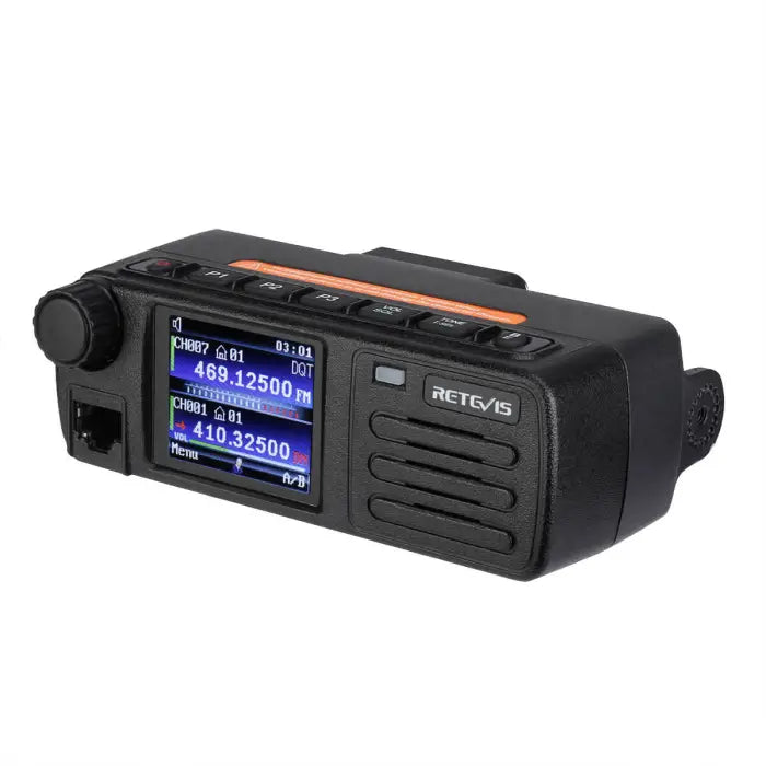 Black two-way radio with a display screen.