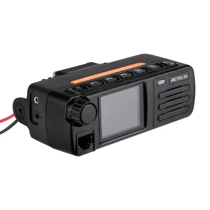 Black two-way radio with screen.