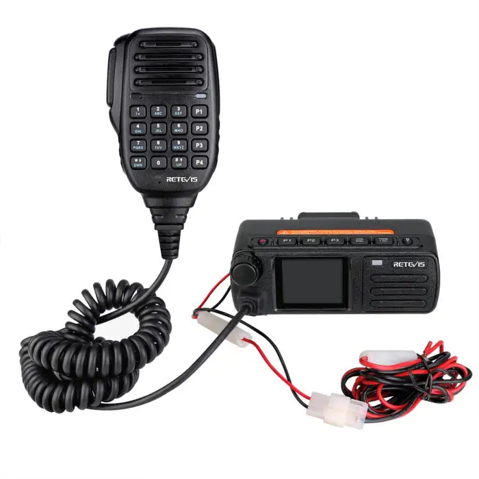 Black two-way radio with microphone.