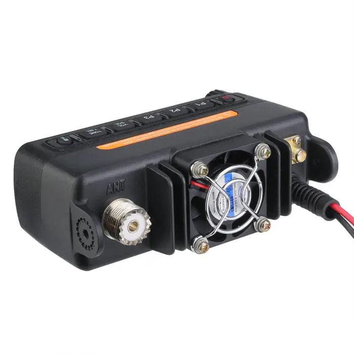 Black two-way radio with cooling fan.