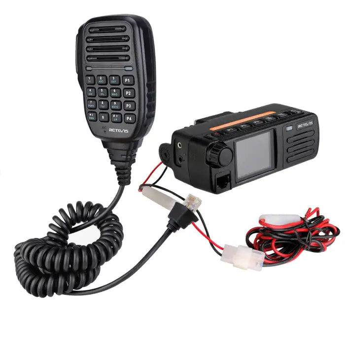 Black two-way radio with microphone.