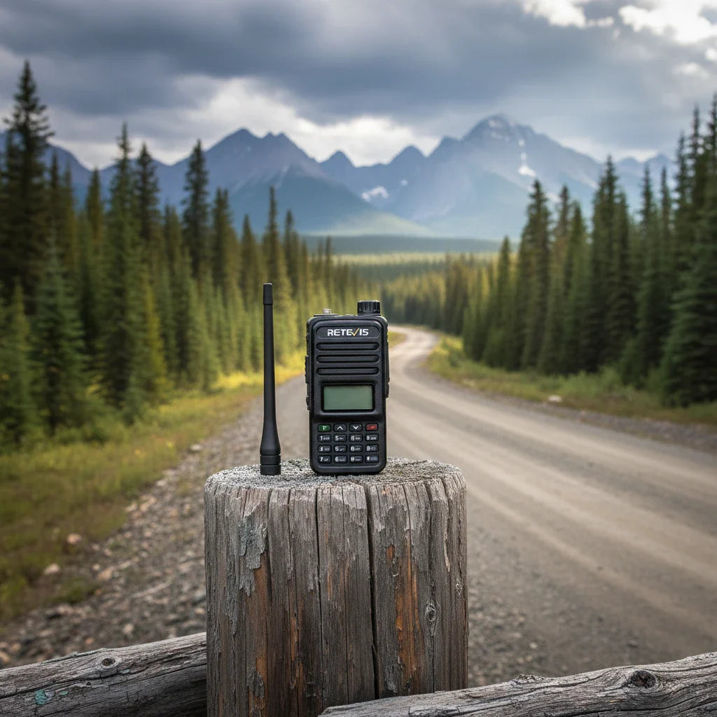 Black walkie-talkie with antenna, resting on wooden post.