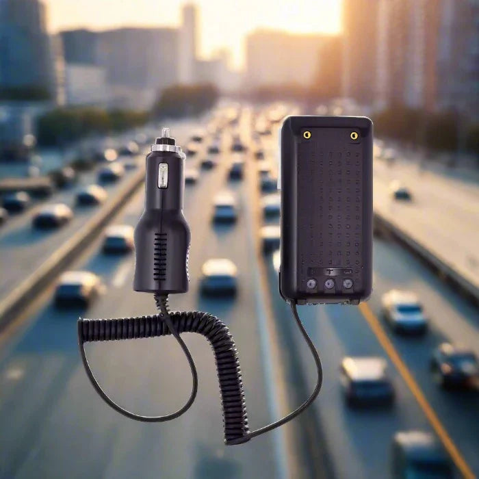 Car charger and radar detector device against a blurred highway backdrop.