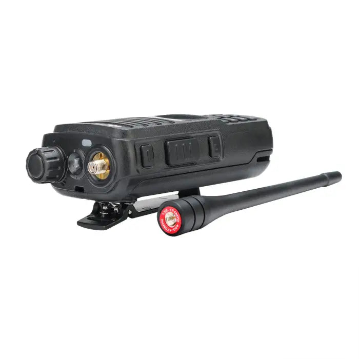 Black handheld two-way radio with antenna.
