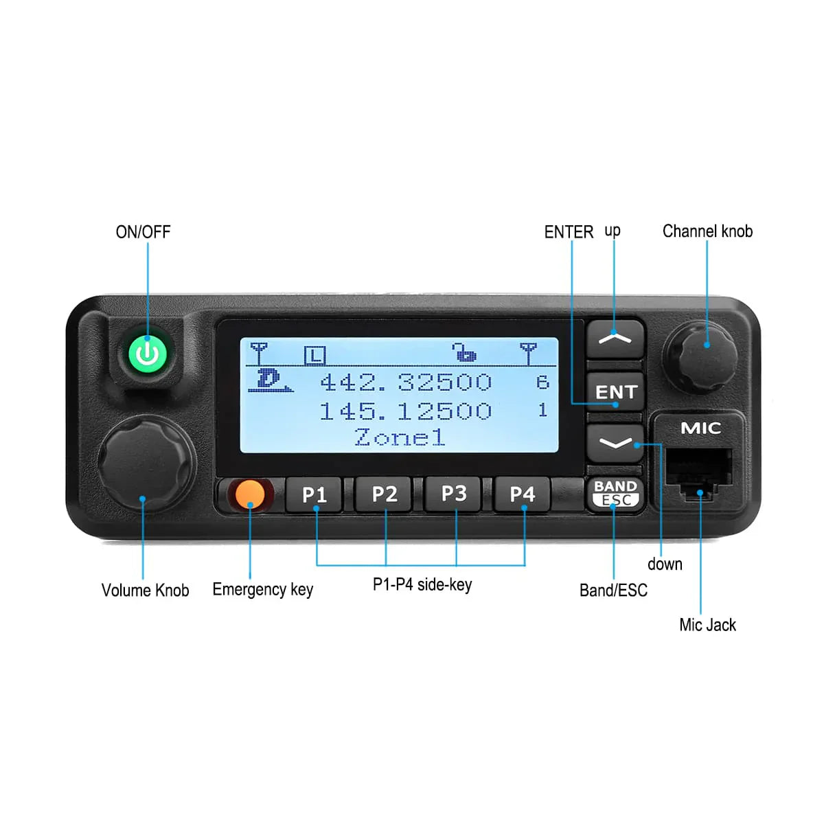 Black two-way radio with labeled controls.