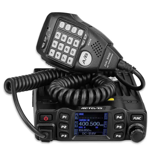 Black two-way radio with microphone.