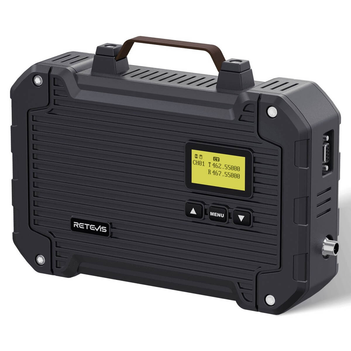 Black portable radio transceiver.