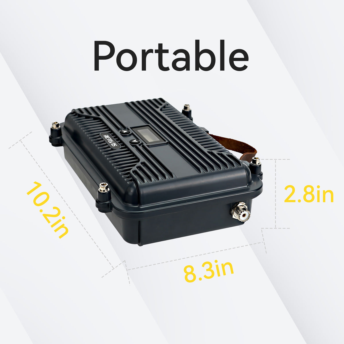 Portable black electronic device with dimensions.