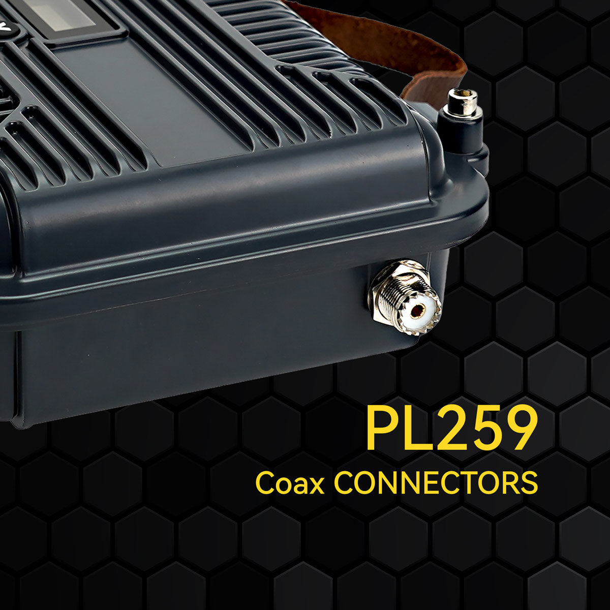 Gray radio transceiver with coaxial connector.