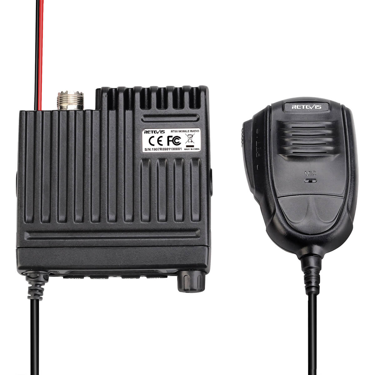 Black two-way radio with microphone.