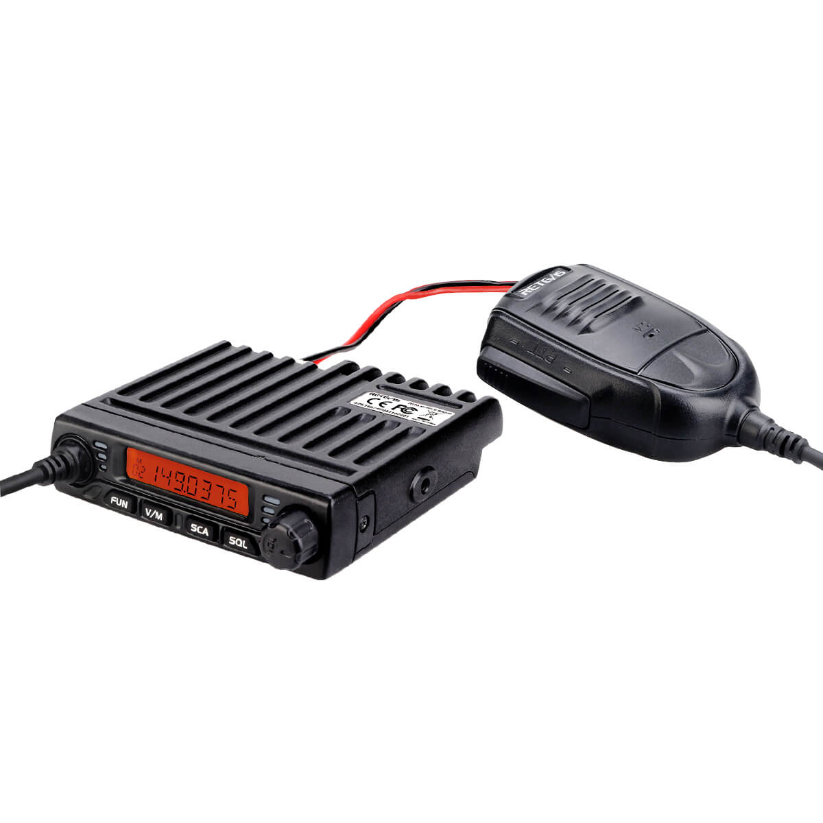 Black two-way radio with microphone.