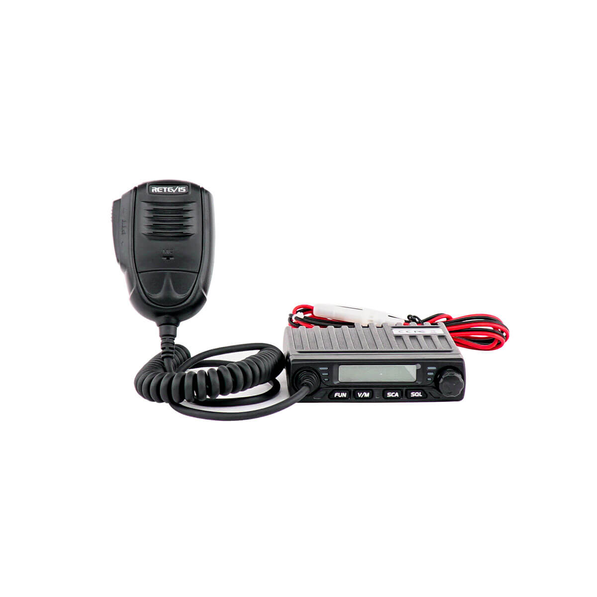 Black two-way radio with microphone.