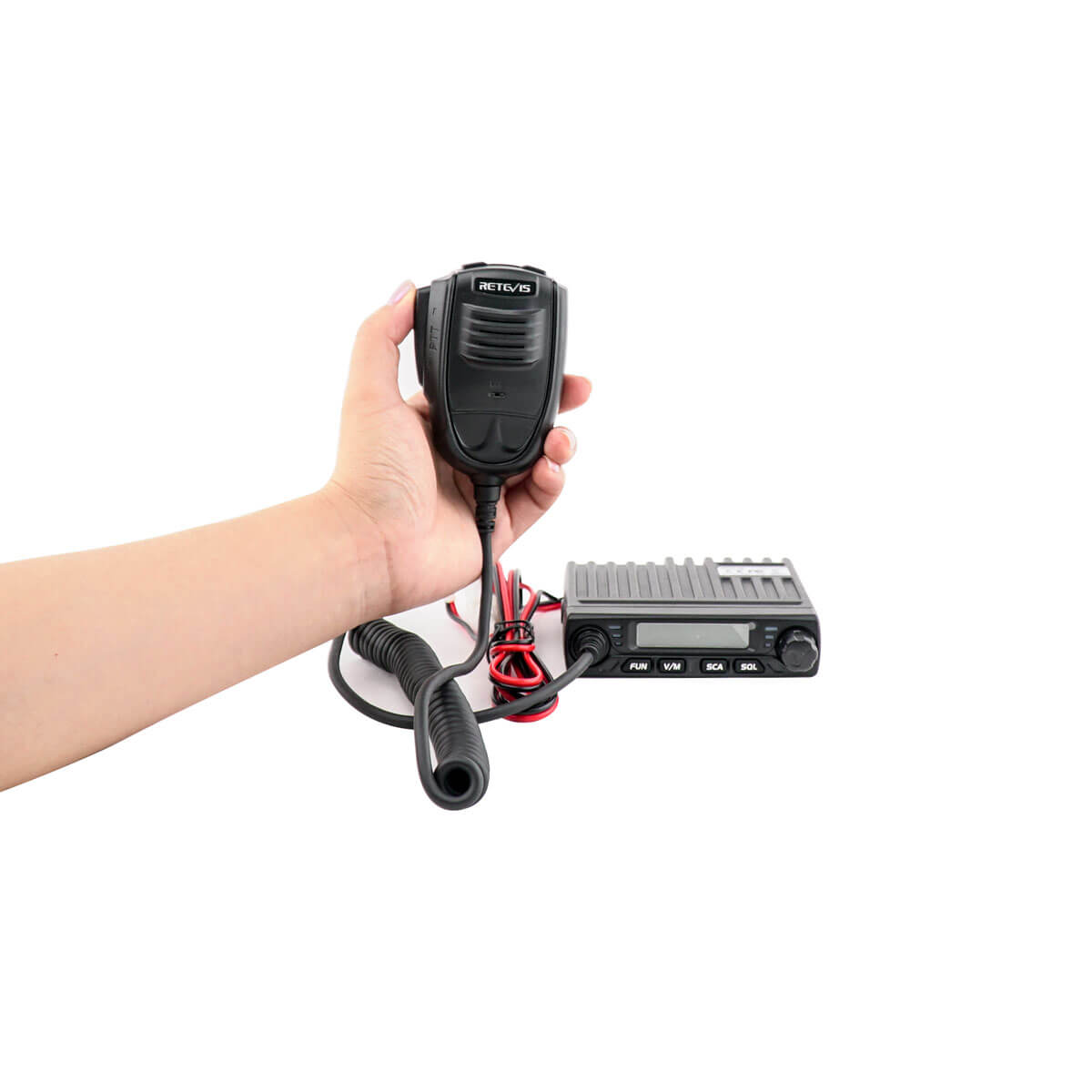 Black two-way radio with microphone.
