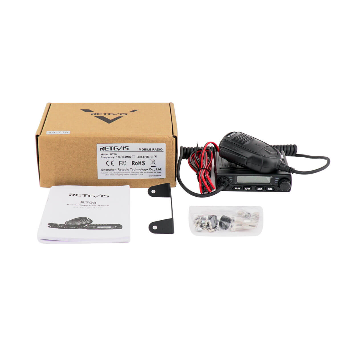Two-way radio with microphone and accessories.
