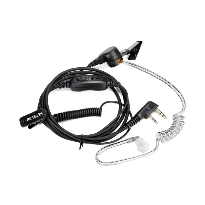 Black two-way radio earpiece with clear acoustic tube.