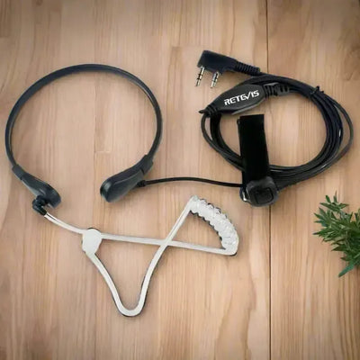 Black headset with white microphone boom and coiled cable.