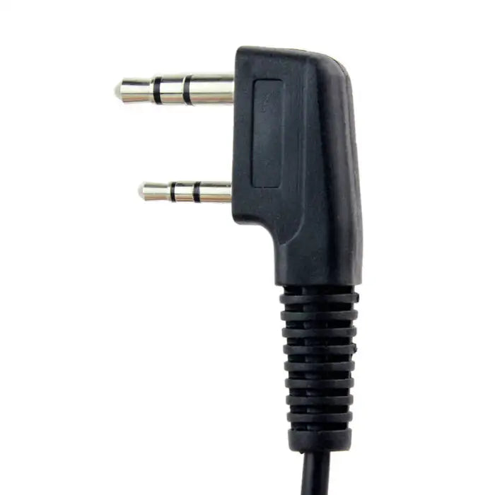 Two-prong audio connector with coiled cable.