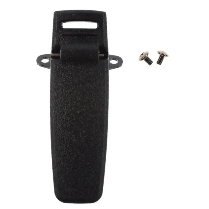 Black plastic belt clip with screws.
