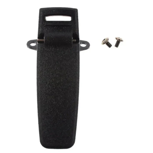 Black plastic belt clip with screws.
