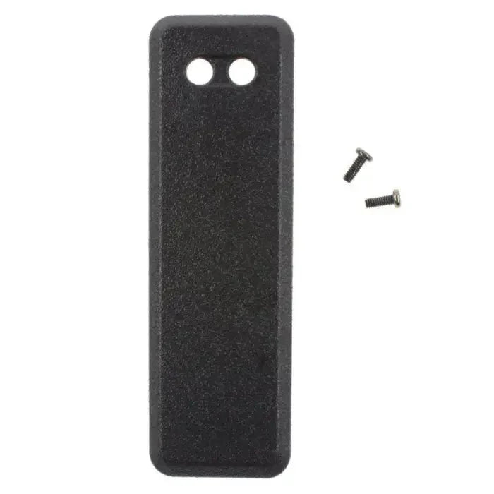 Black rectangular cover with mounting holes and screws.