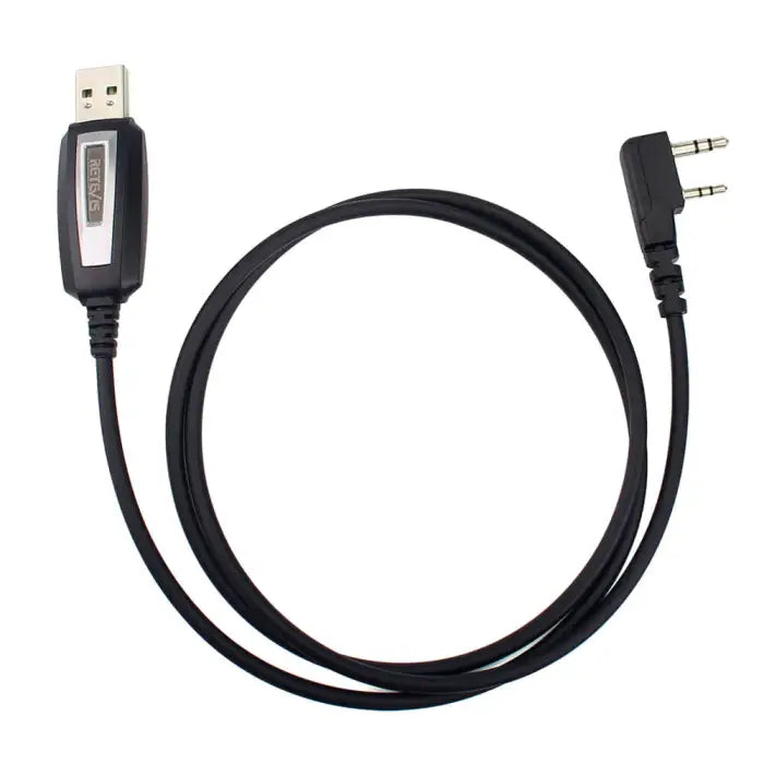 Black programming cable with USB and two-prong connector.