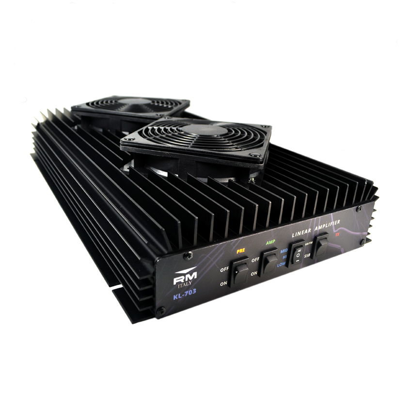 Black linear amplifier with cooling fans.