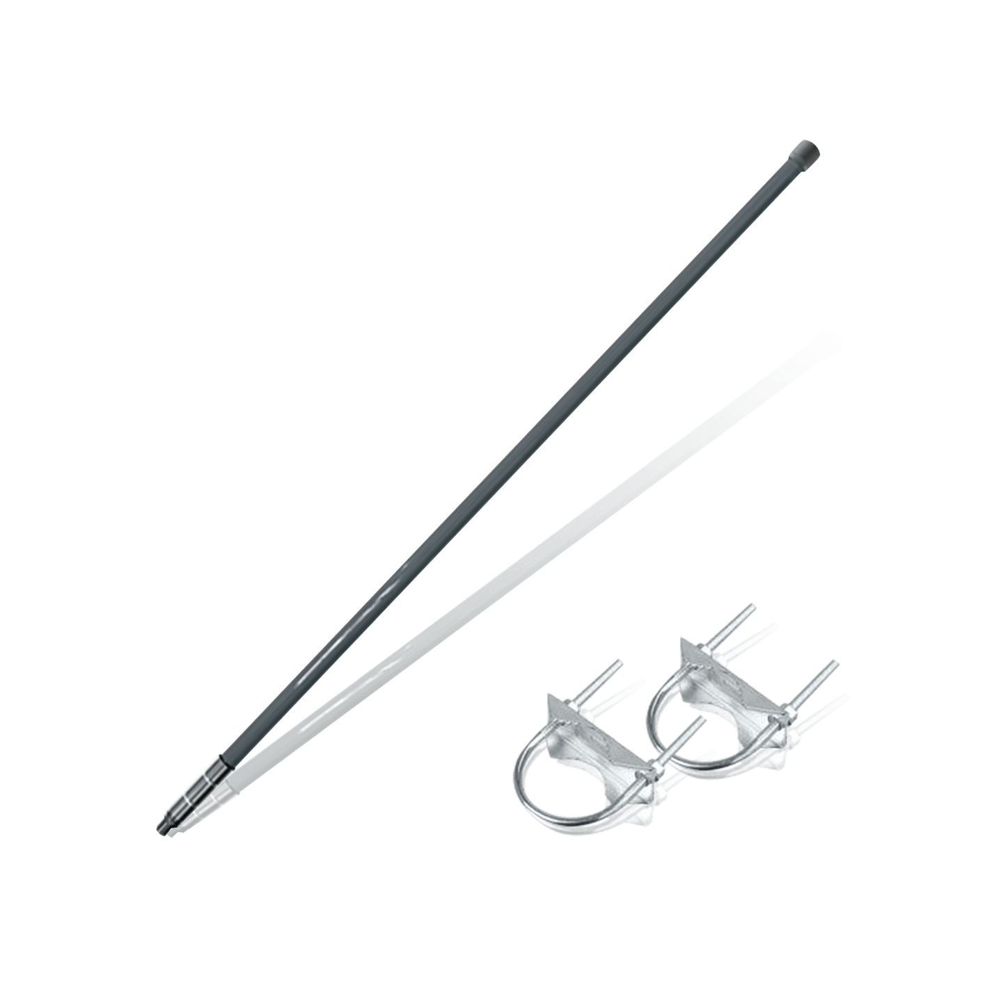 Two gray antenna elements with two U-bolt mounting clamps.
