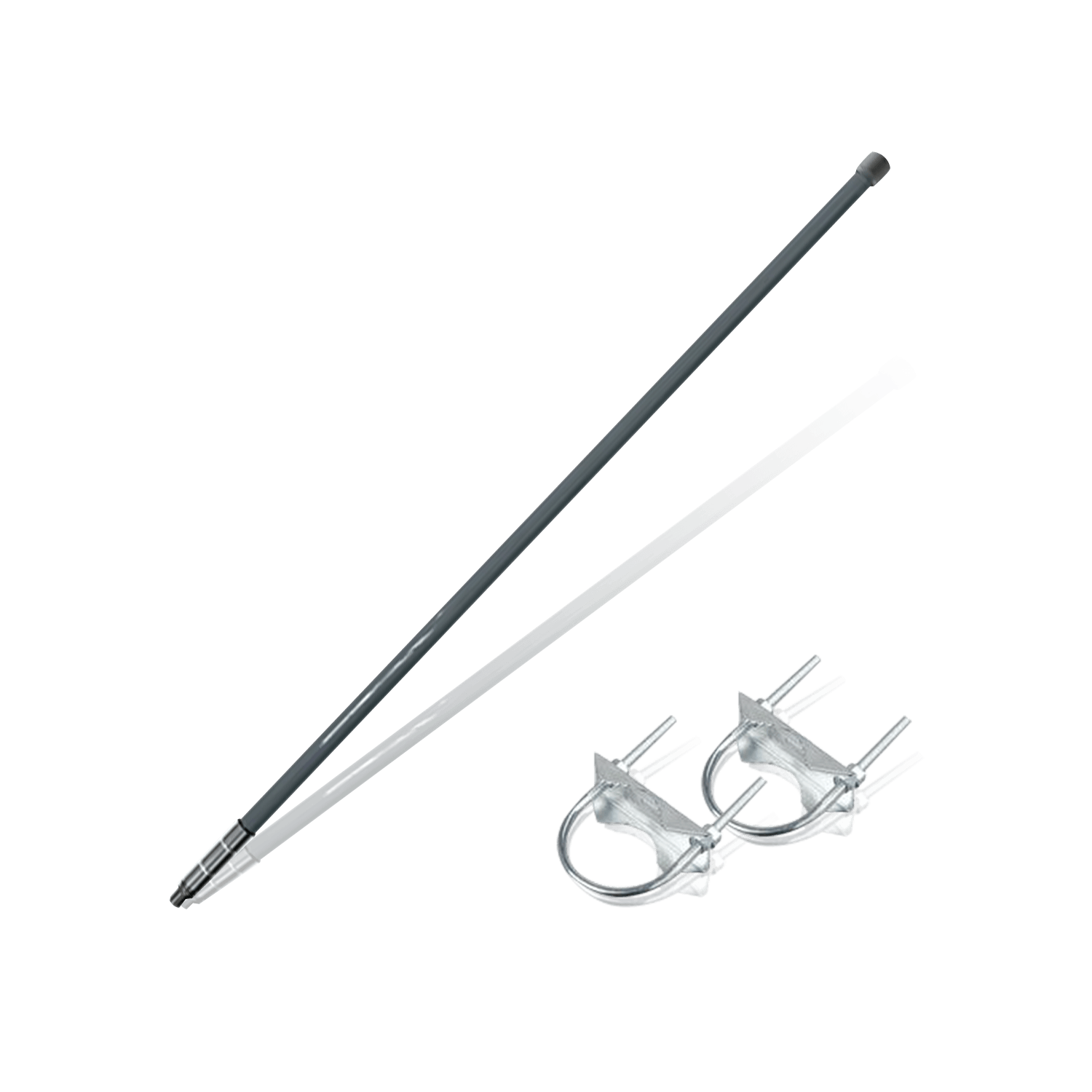 Two gray antenna elements with two U-bolt mounting clamps.