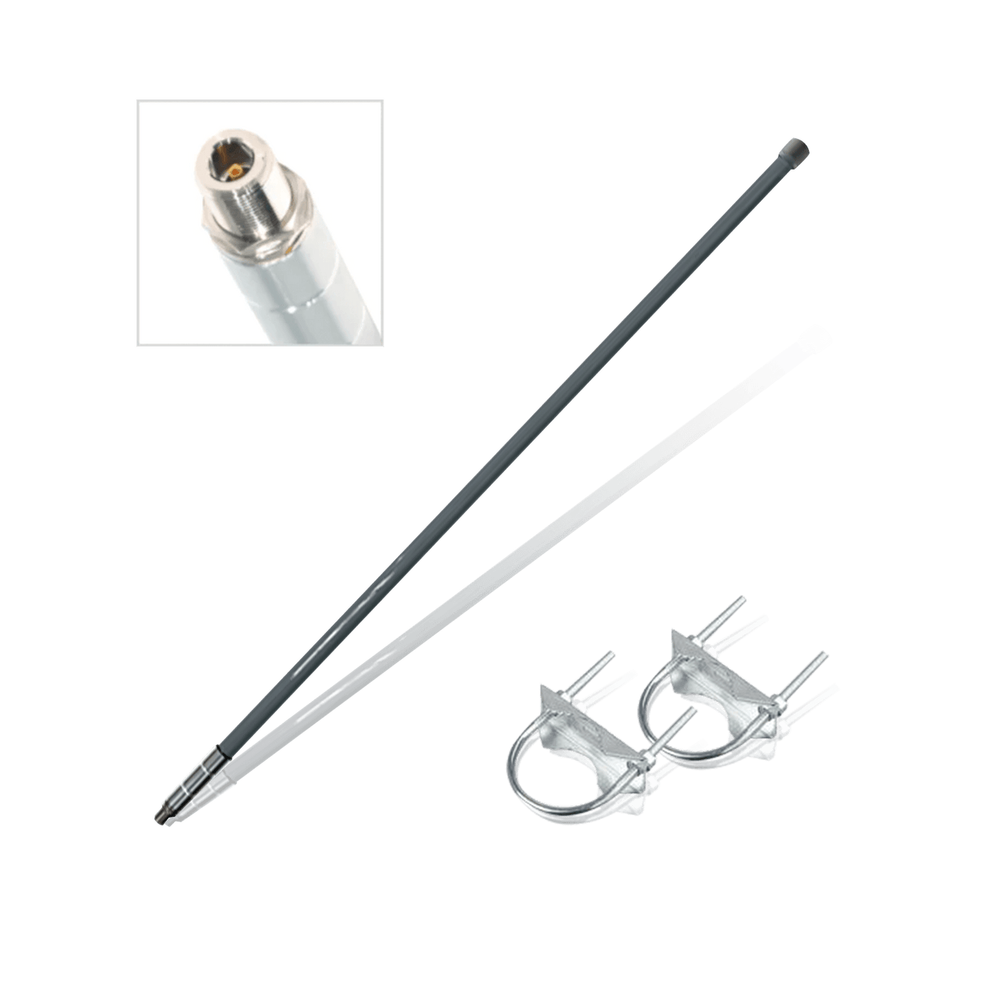 Two grey antenna rods with two U-bolt mounting clamps.