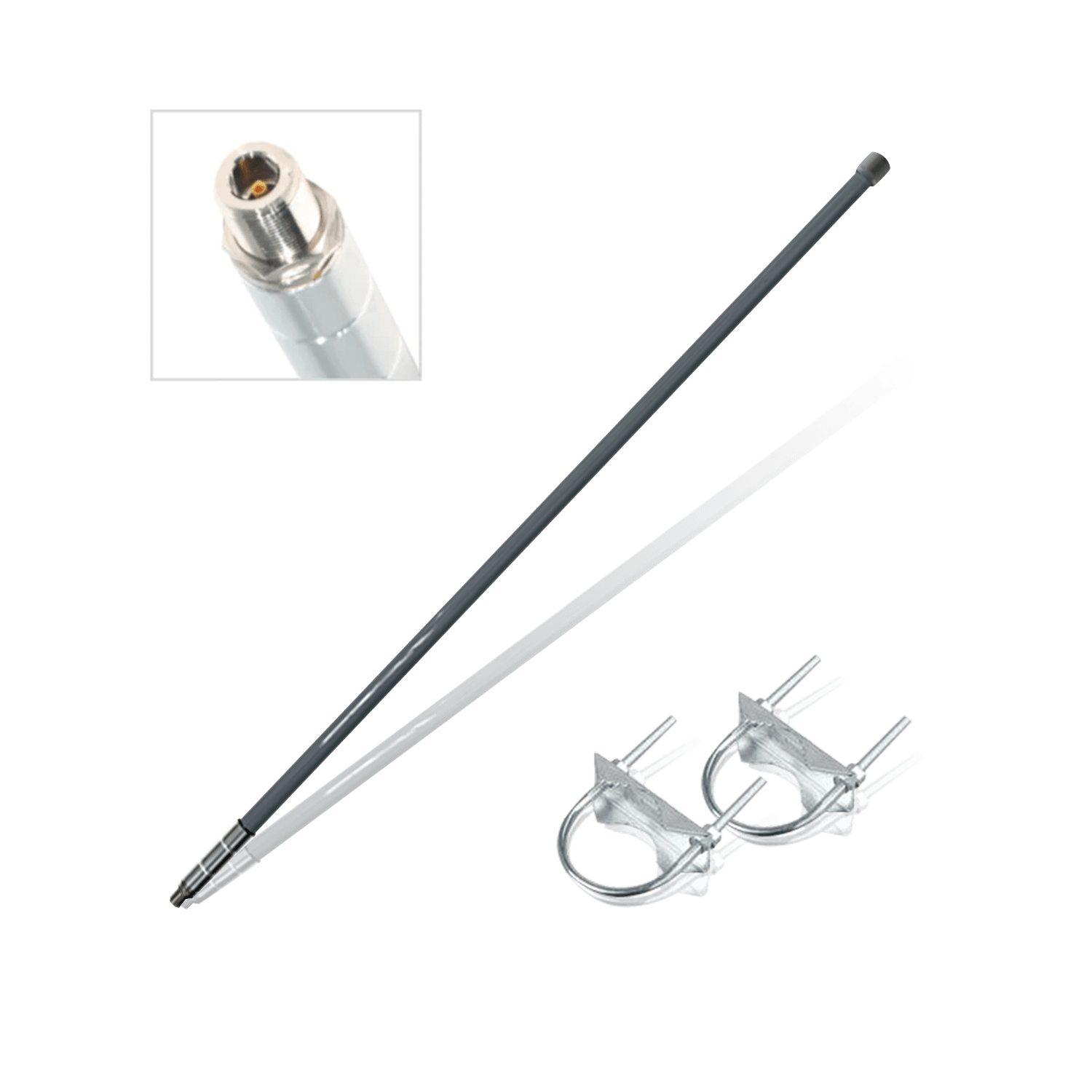 Two grey antenna rods with two U-bolt mounting clamps.