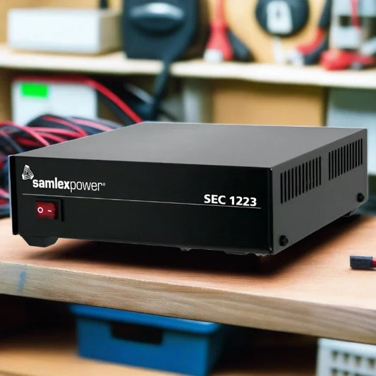 Black power supply with ventilation slots.