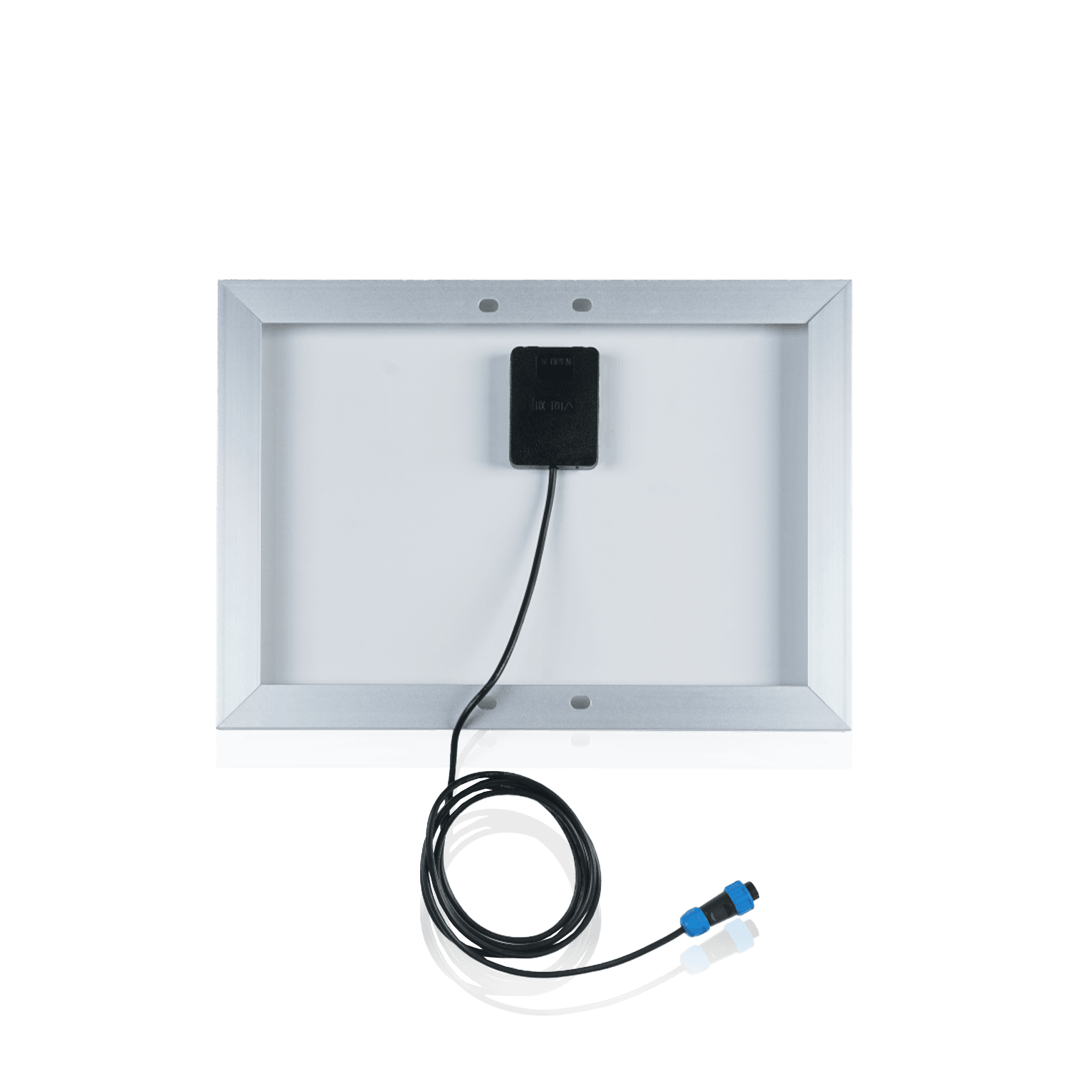A solar panel with a junction box and coiled output cables.