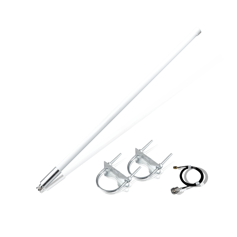 Two white, pole-shaped antennas with mounting hardware and a cable.