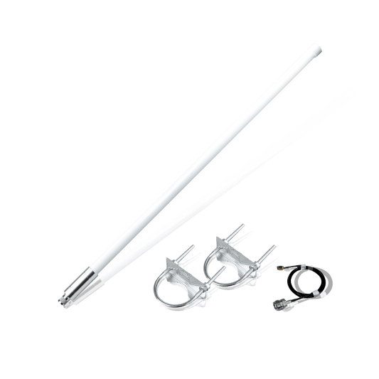 Two white, pole-shaped antennas with mounting hardware and a cable.