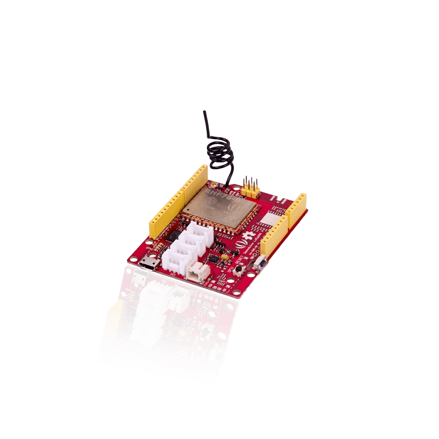 A red circuit board with multiple white connectors, yellow pin headers, and a coiled wire antenna.
