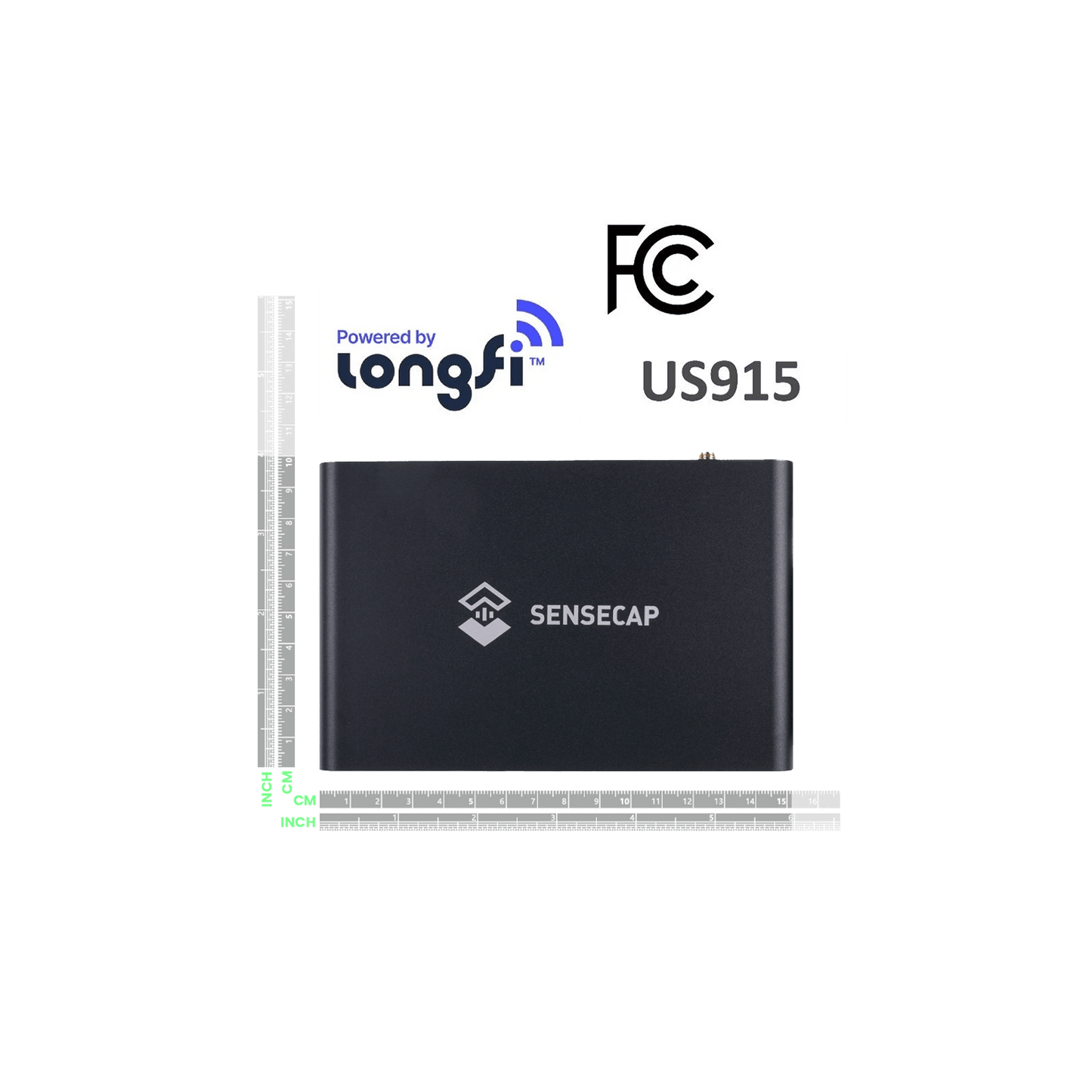 Black rectangular device with a logo and ’SENSECAP’ text, ’Powered by longfi’ and ’FC US915’’ labels, and a ruler on the left and bottom edges.