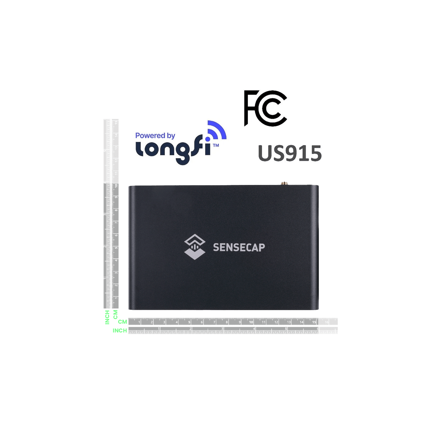 Black rectangular device with a logo and ’SENSECAP’ text, ’Powered by longfi’ and ’FC US915’’ labels, and a ruler on the left and bottom edges.