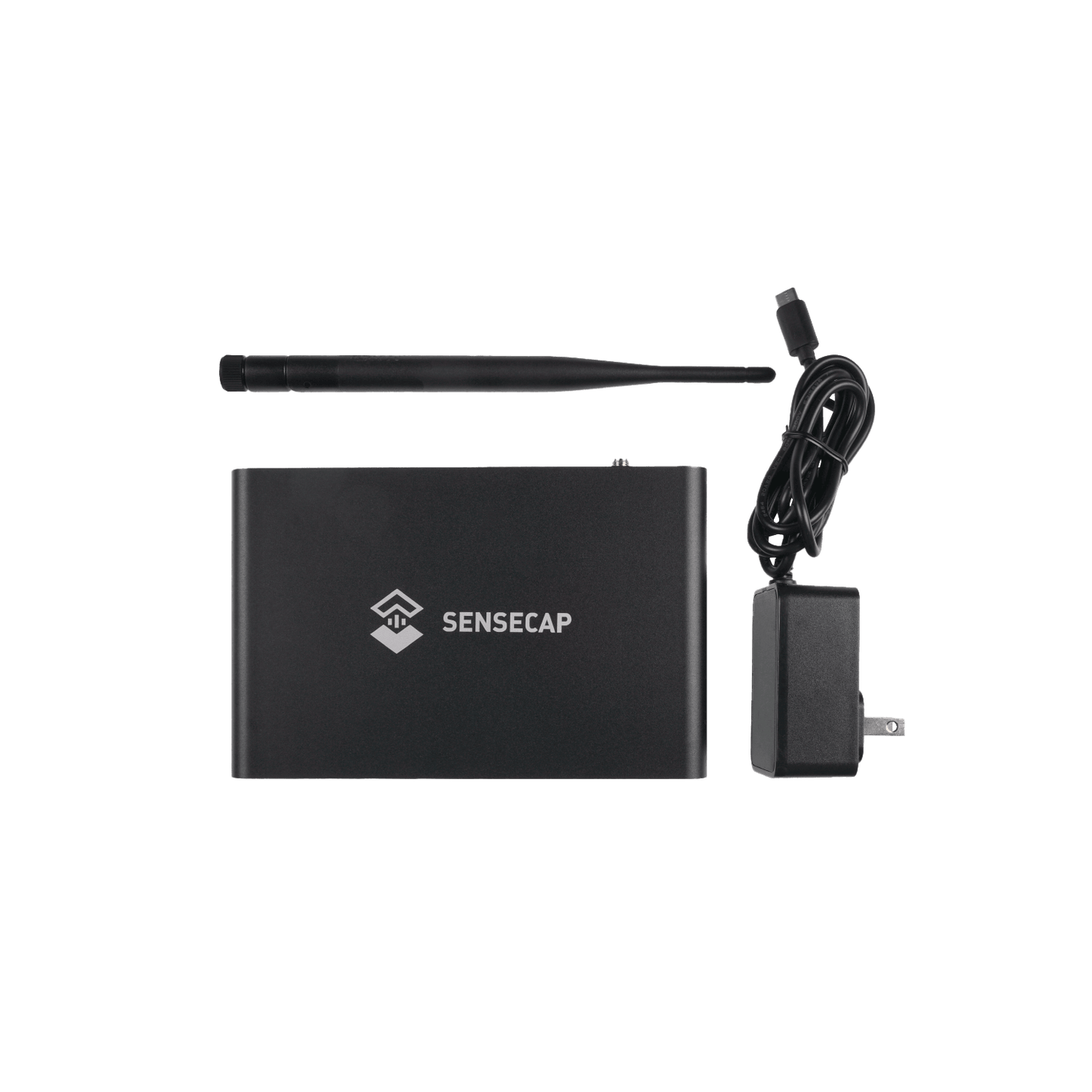 Black wireless router with an antenna and power adapter