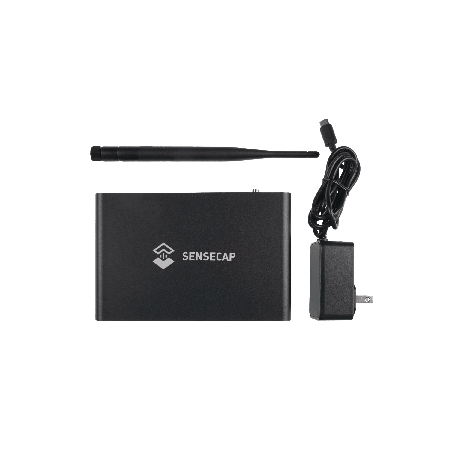 Black wireless router with an antenna and power adapter
