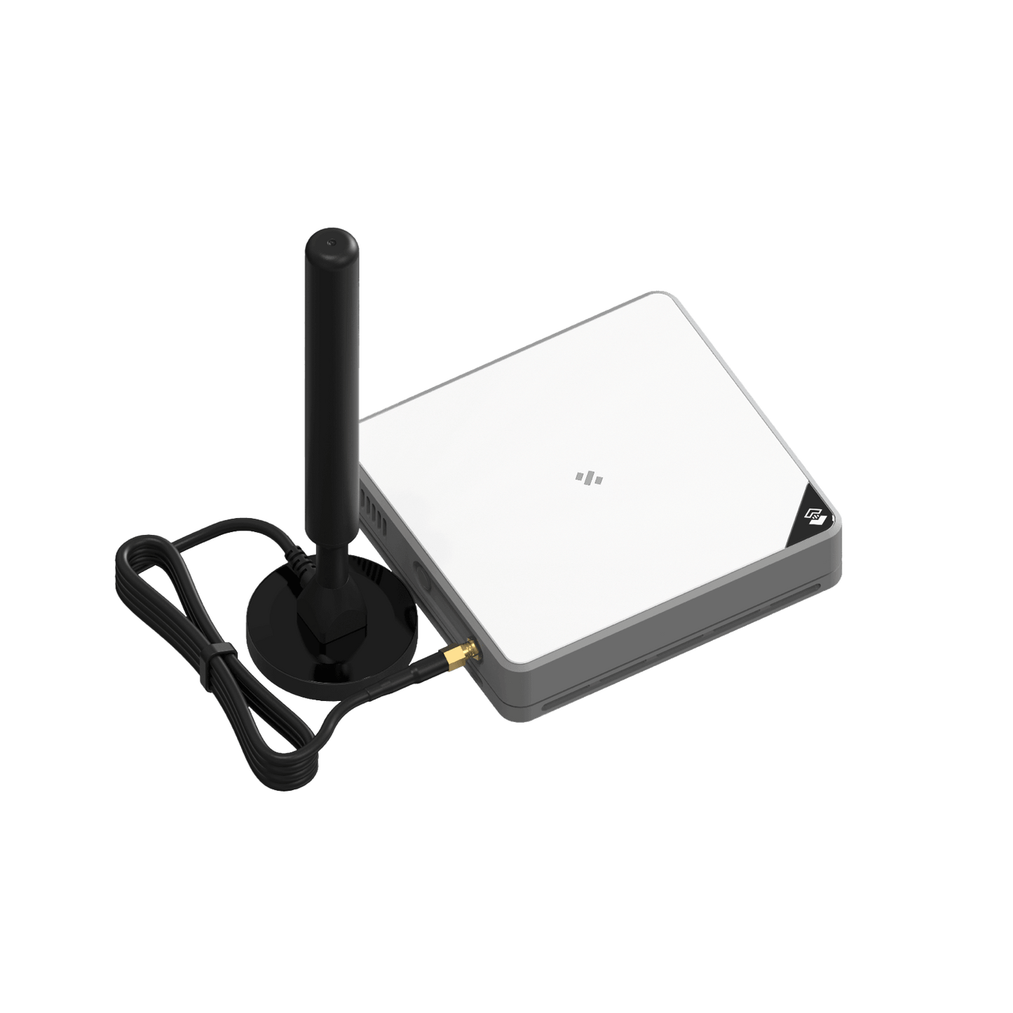 A white and grey square-shaped networking device with an external antenna.