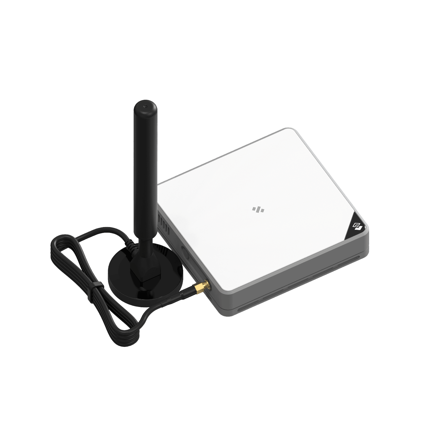 A white and grey square-shaped networking device with an external antenna.