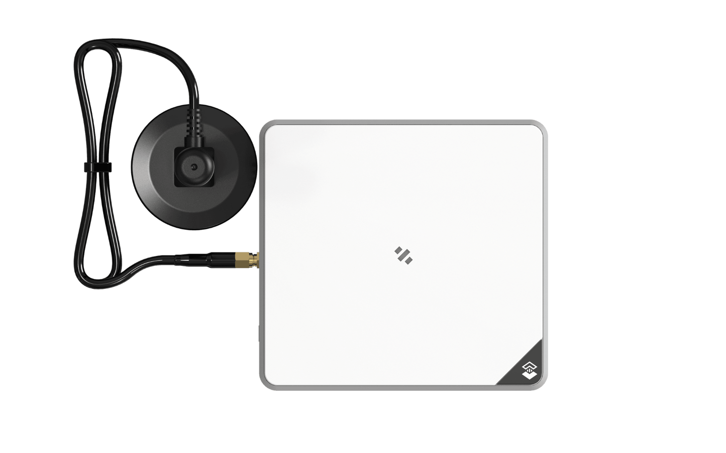 White square device with an attached black cable and circular base.