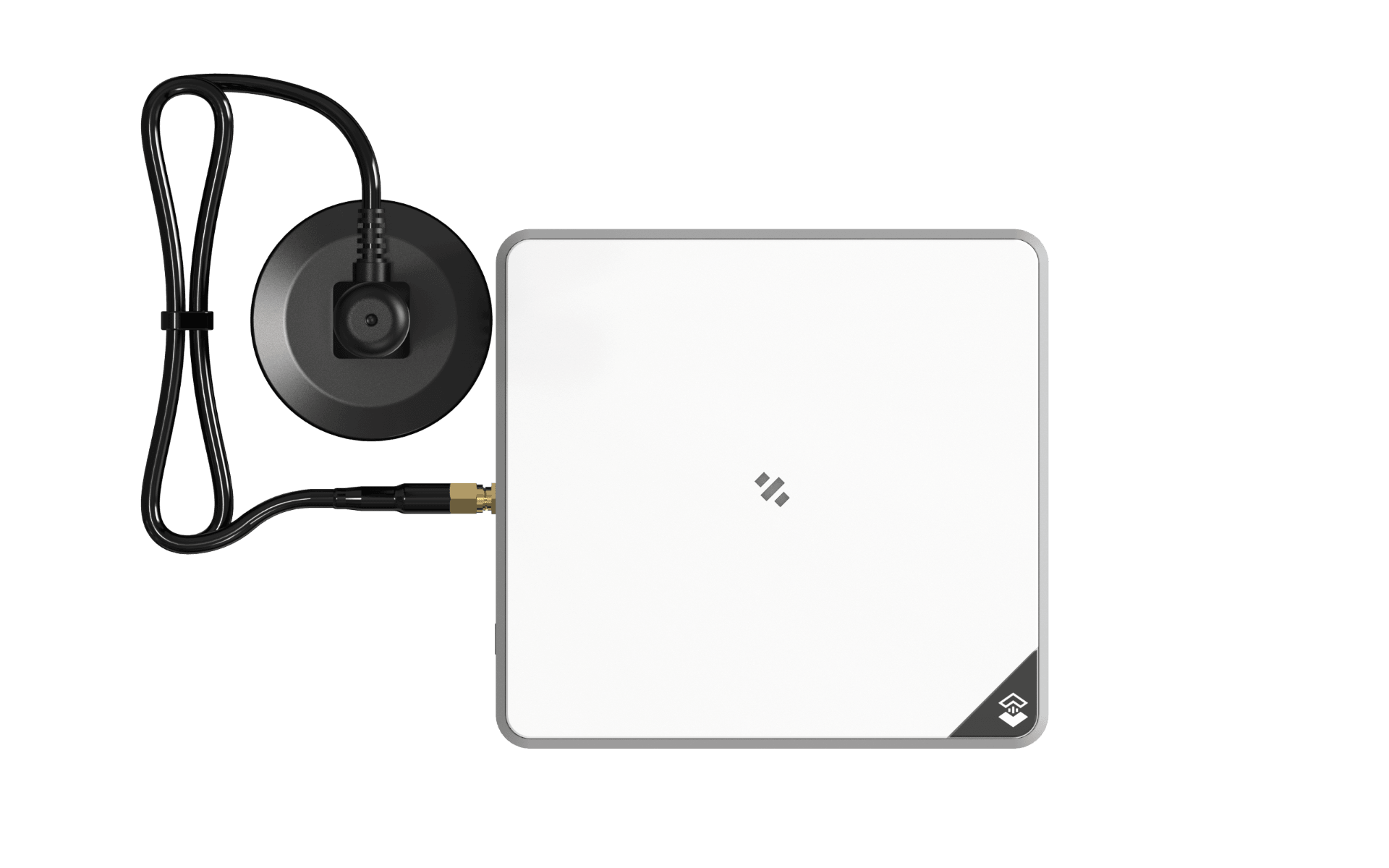 White square device with an attached black cable and circular base.