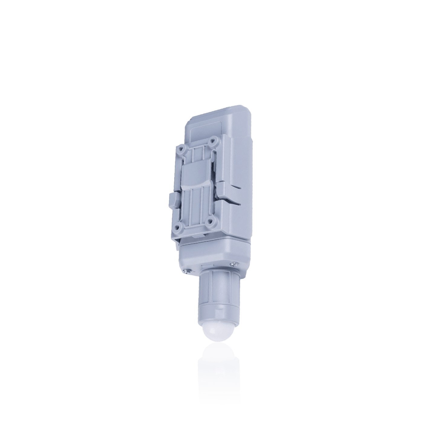 A gray, rectangular, outdoor-rated electrical enclosure with a cable gland at the bottom.