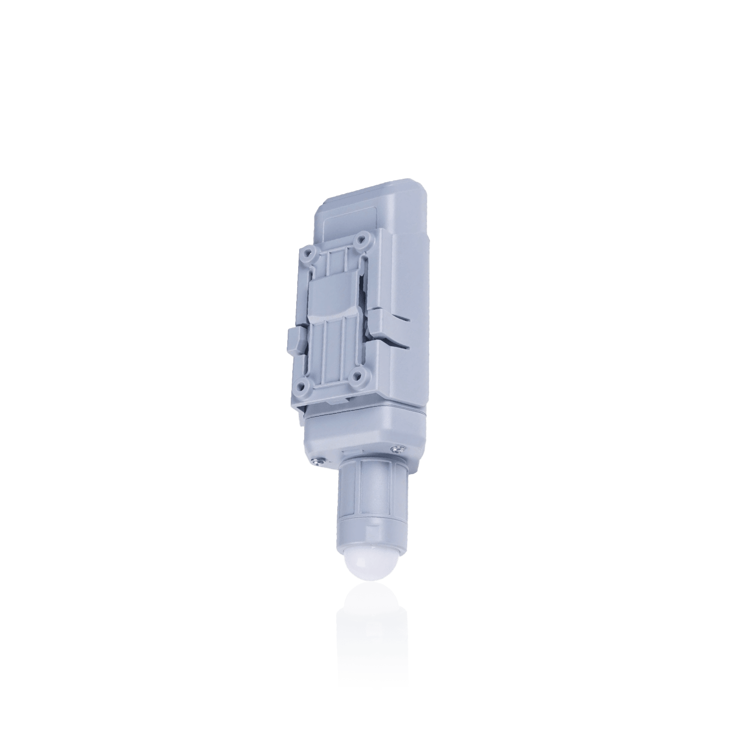A gray, rectangular, outdoor-rated electrical enclosure with a cable gland at the bottom.