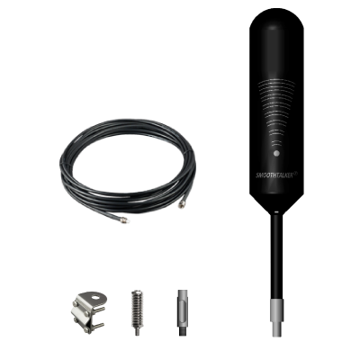 Black cellular antenna with cable and mounting hardware.