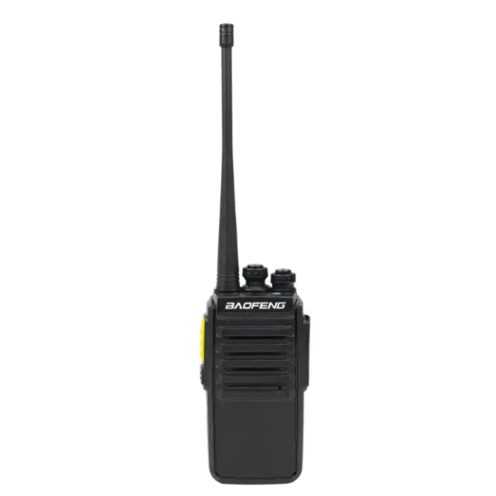 Black two-way radio with antenna.